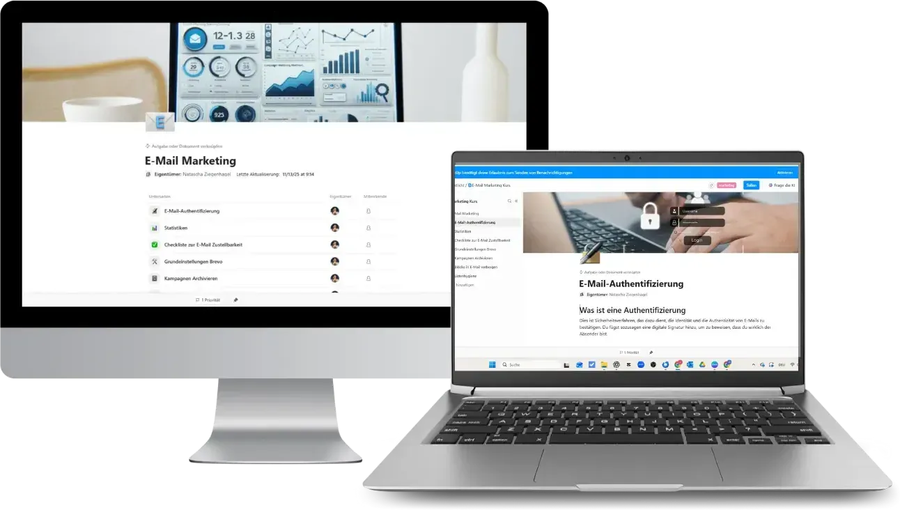 Kursbereich von E-Mail Flow auf Monitor und Laptop: Übersicht der Lektionen und eine Lektion zur E-Mail-Authentifizierung
